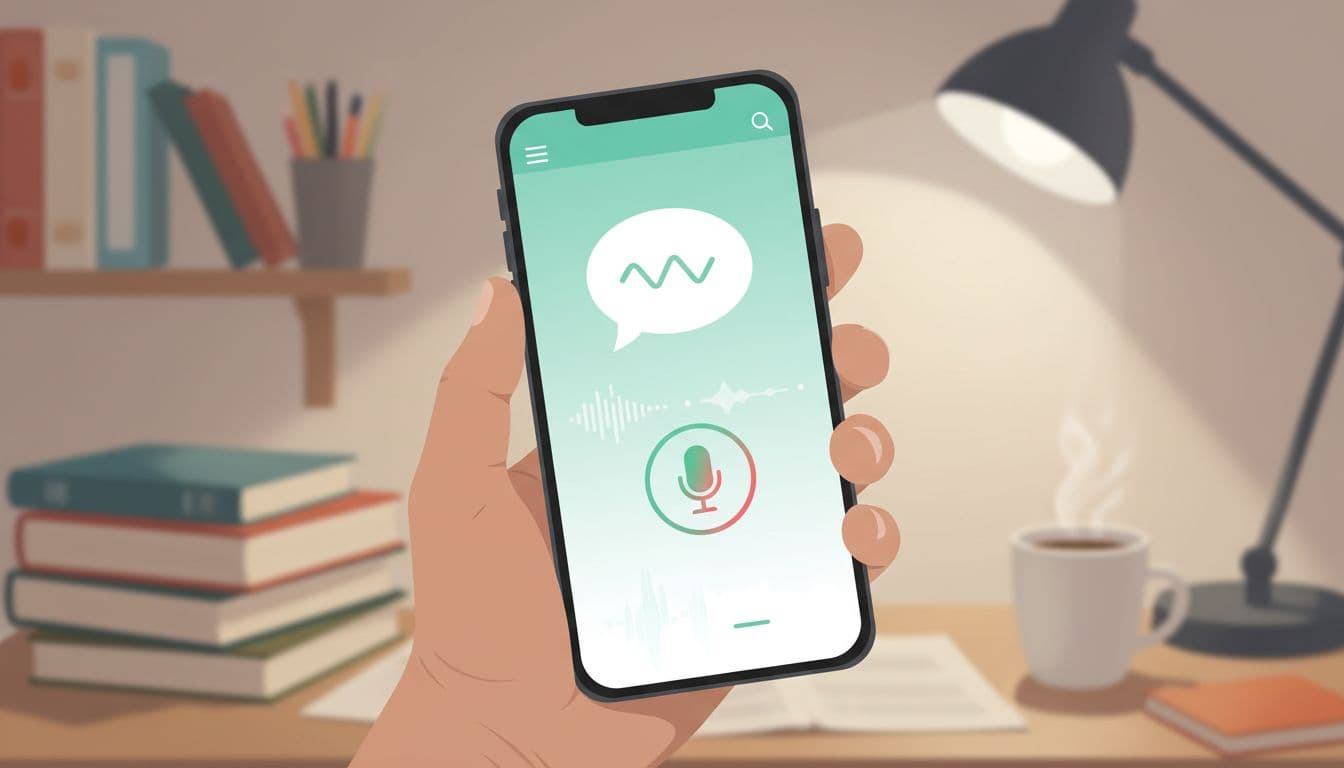 The 10-Minute Active Practice Time Check for Language Apps 2 Smartphone screen at an angle showing a language app interface with speech bubble prompt and active microphone icon, held naturally by one hand against a blurred study desk background, in soft lighting and illustrative style.