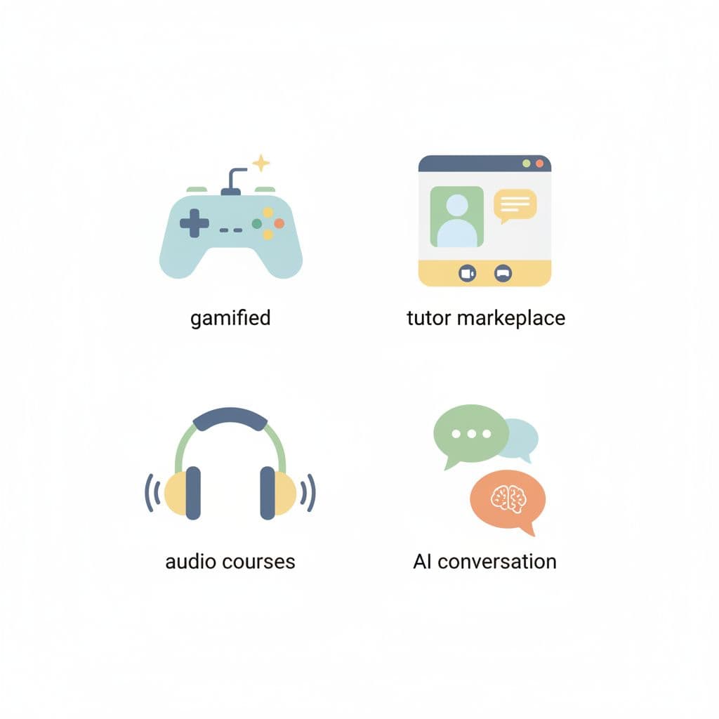 Clean infographic-style illustration of four language app category icons: gamified with game controller, tutor marketplace with video call, audio courses with headphones, AI conversation with chat bubbles, arranged in a grid on white background using simple flat design and soft colors.