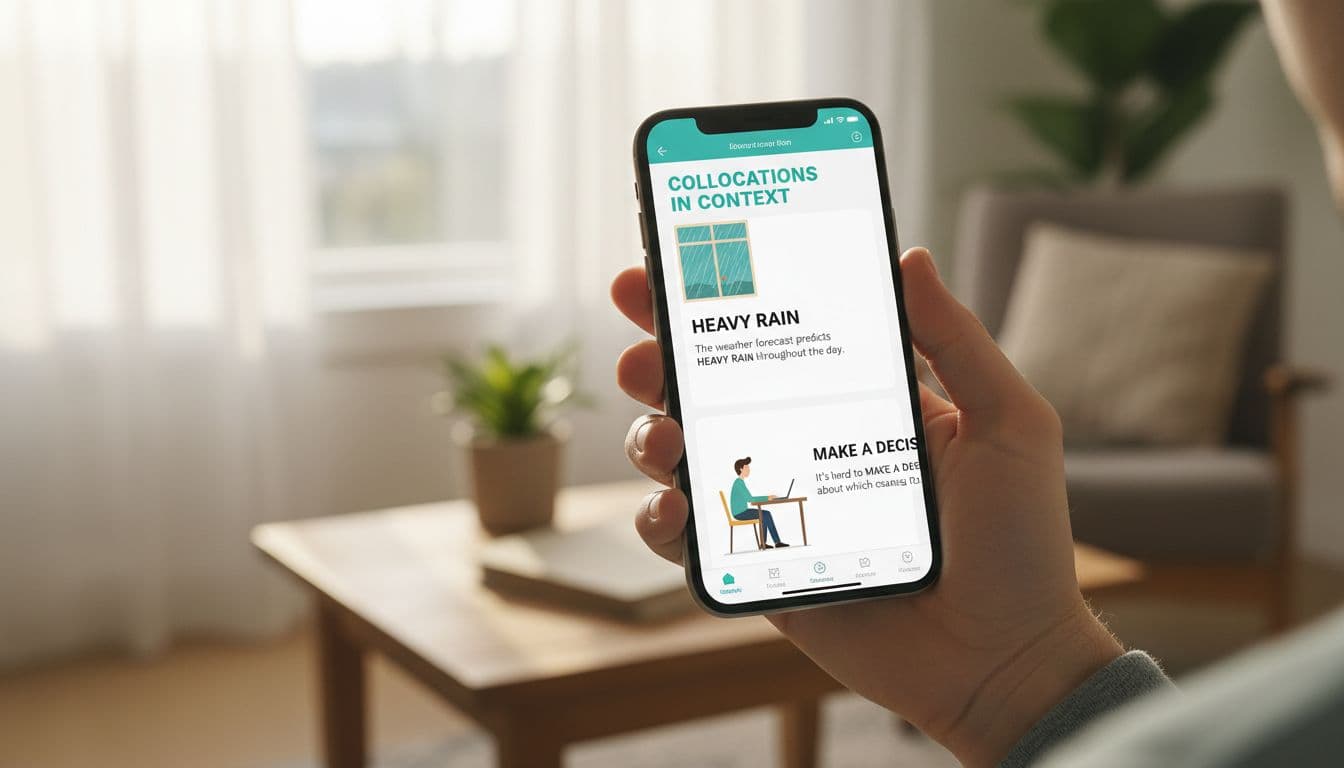 The 15-Minute Collocation Quality Check for Language Apps 2 Hand-held smartphone shows language learning app with natural collocations like heavy rain outside a window and a person making a decision at a desk, in realistic indoor photography style.