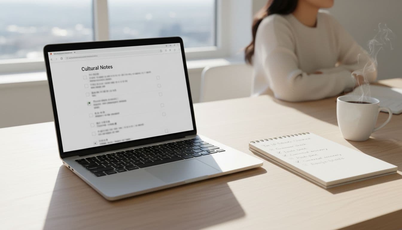 The 15-Minute Language App Cultural Notes Quality Check 2 A clean desk setup with a laptop open to a language app screen showing cultural notes section, notebook with checklist marks, coffee mug nearby, natural daylight lighting, realistic style, one person off-frame reviewing notes.