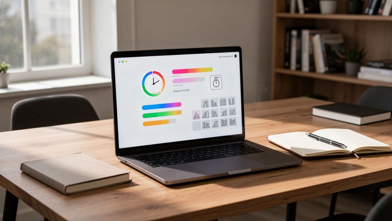 Clean laptop screen displaying a simple language app dashboard with progress stats, known words counter, and blurred lesson library, on a wooden desk in a modern study room with notebook and pen.