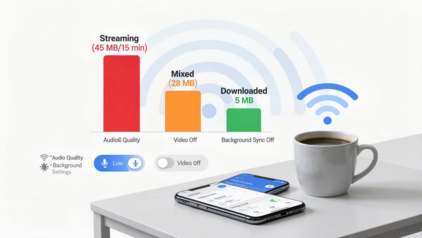 Clean, modern infographic illustrating data usage comparison for a language app with a bar chart showing Streaming (45 MB/15 min), Mixed (28 MB), and Downloaded (5 MB), alongside smartphone data settings icons.