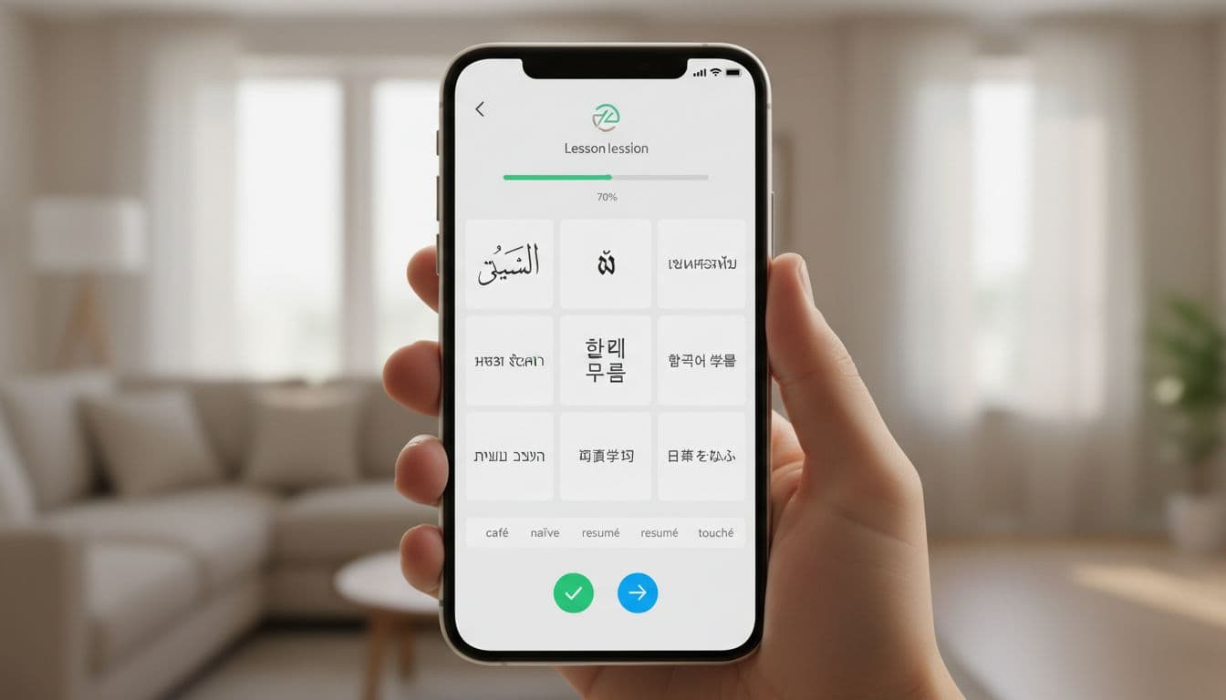 A hand holds a mobile phone displaying a clean, modern language learning app interface with correctly rendered multilingual text samples including Arabic RTL, Thai stacked vowels, Devanagari conjuncts, Hangul, Hebrew, Chinese characters, Japanese kanji and hiragana, and accented Latin. Photorealistic indoor setting with soft lighting and UI elements like progress bar.