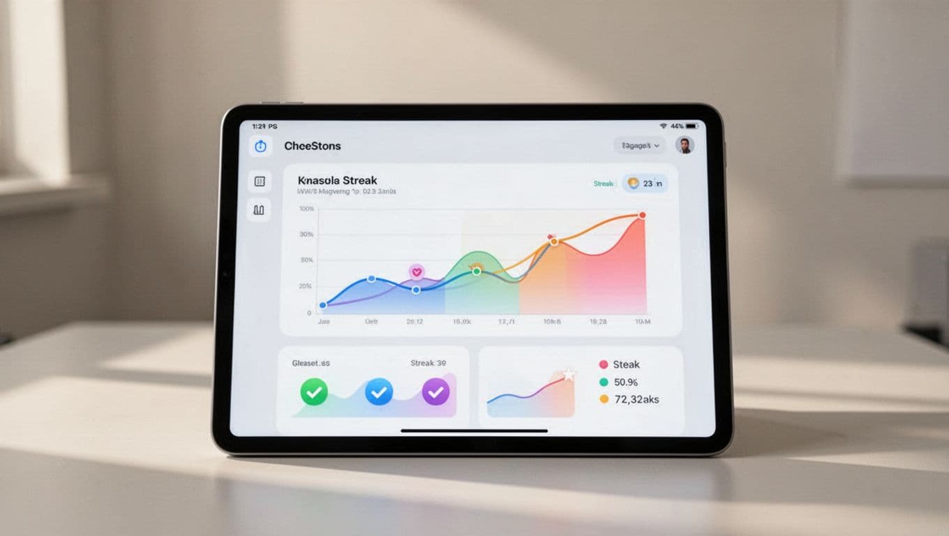 Clean mobile app interface on a tablet displaying progress dashboard with charts and lesson streaks for a language learning app, realistic product photo style with neutral background and soft lighting.