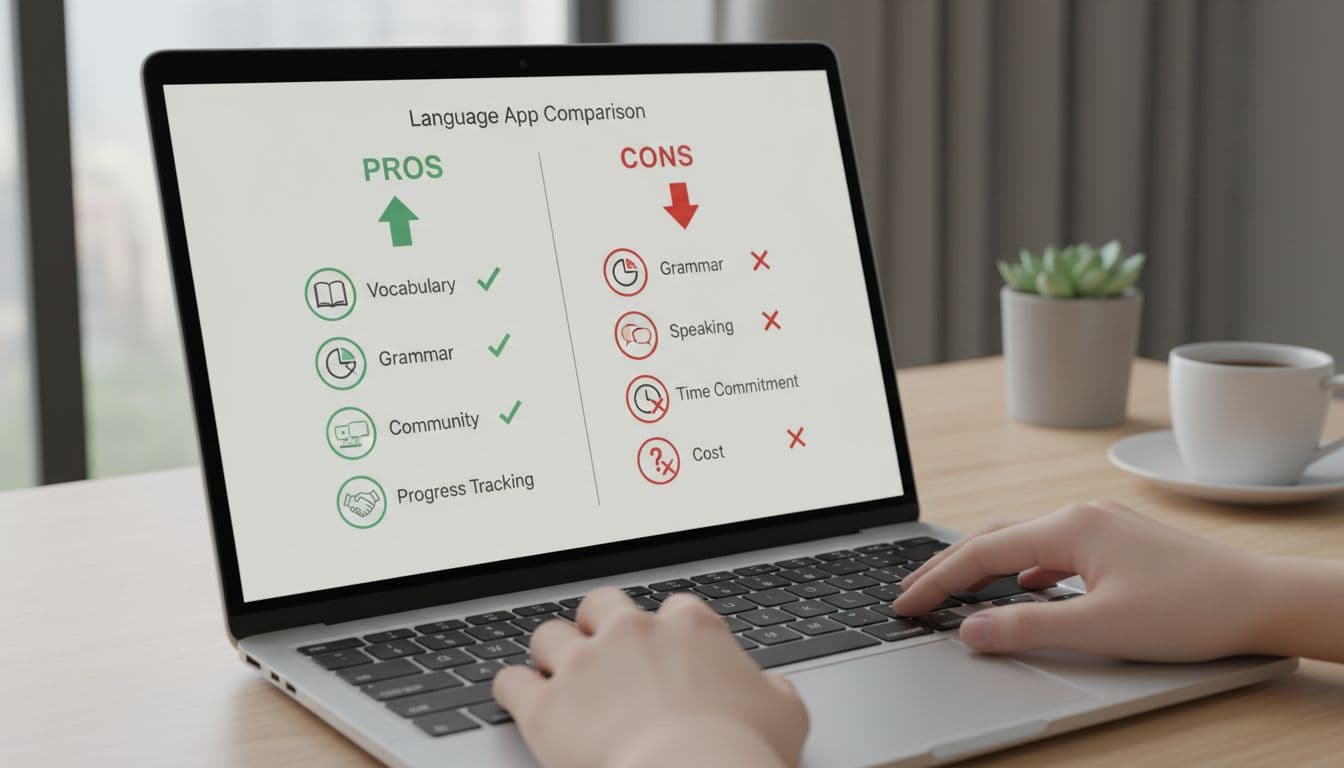 Laptop screen shows pros and cons infographic for language app with icons, hands rest nearby on office desk.