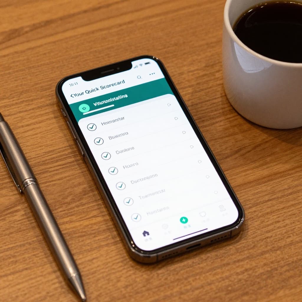 A 15-Minute Mastery Check for Language Learning Apps 4 Smartphone angled on wooden table showing language app scorecard with checkmarks for basics after short session, beside pen and coffee mug in realistic warm lighting.