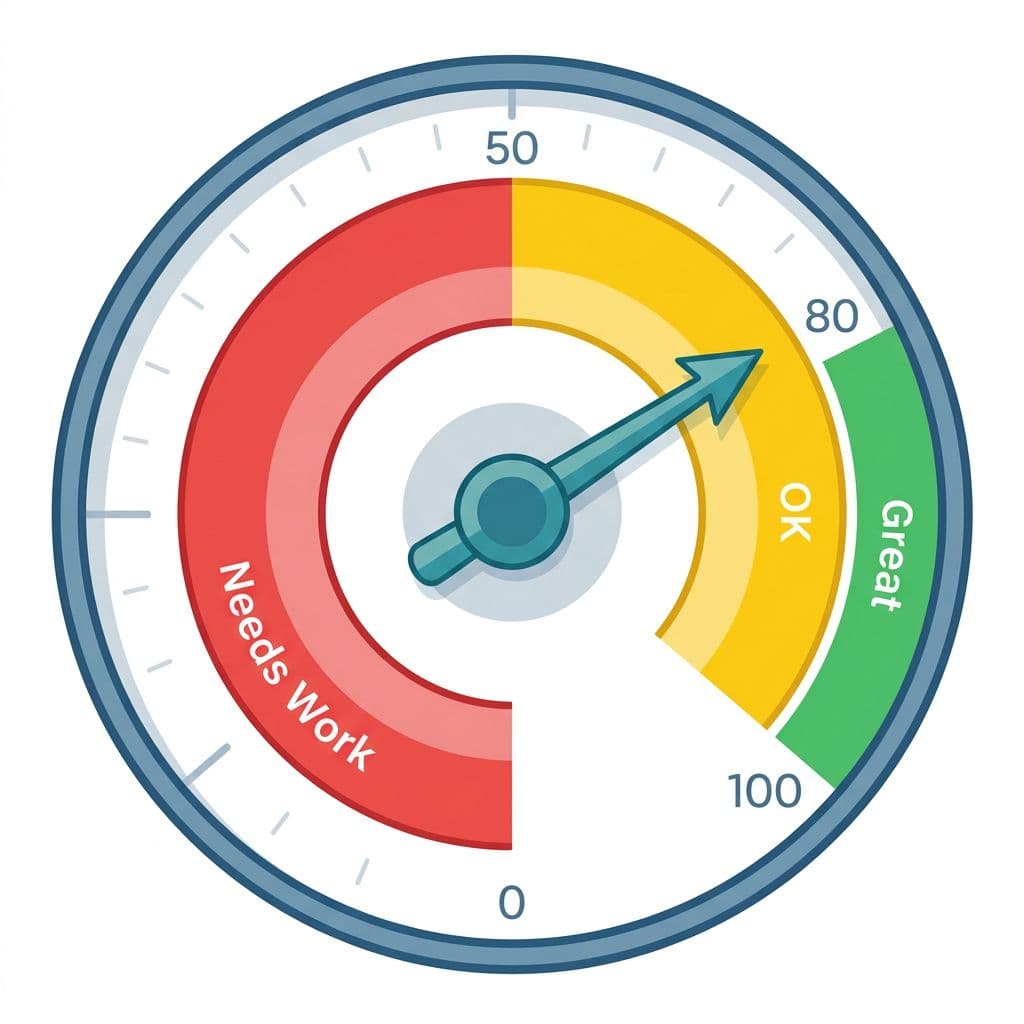 Clean vector illustration of a circular scoring gauge for a 10-minute language app retention test, needle at 75 in the yellow OK zone (50-79), with Great (green 80-100) and Needs Work (red 0-49) zones, minimal blue teal gray colors, white background, high readability.