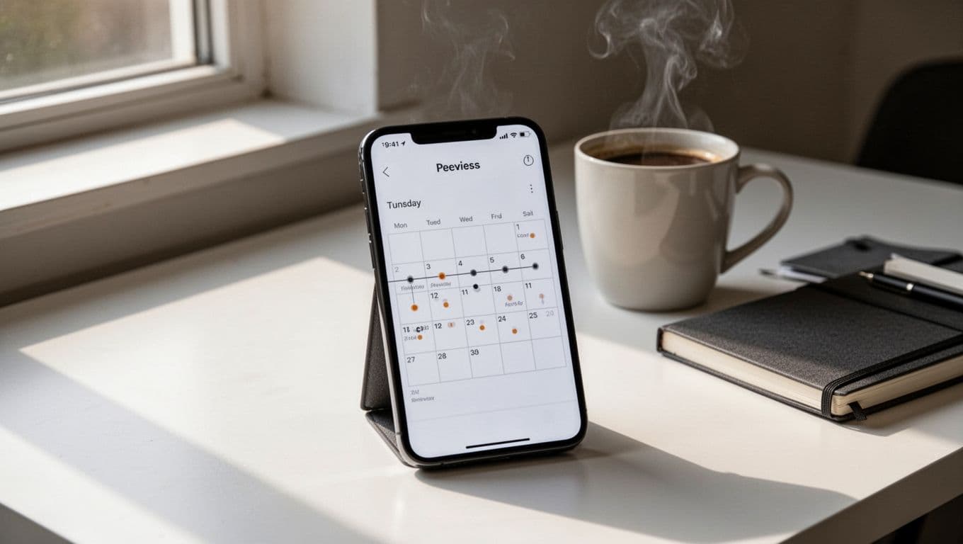 Review Schedule Transparency Check for Language Apps in 10 Minutes 2 Smartphone screen displaying a simplified language app review calendar with spaced review dates on a monthly view, placed on a clean desk next to a coffee mug and notebook, realistic photography with soft natural light.