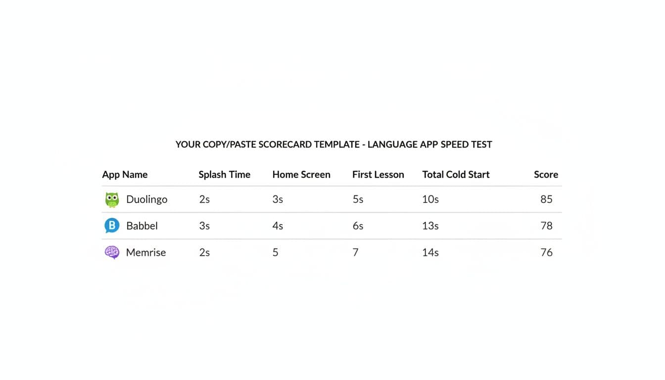 Sample results table for language app speed test with columns for App Name, Splash Time, Home Screen, First Lesson, Total Cold Start, and Score. Rows feature Duolingo, Babbel, Memrise with example times, clean modern design on white background with subtle app icons.