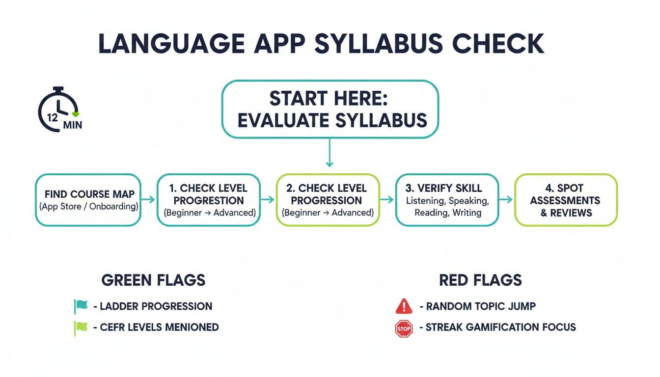 Clean modern infographic with a central flowchart outlining steps to check language app syllabi: course maps, level progression, skill coverage, assessments. Features green flags for ladders and CEFR, red flags for random topics, 12-minute timer icon, in minimal flat vector style.