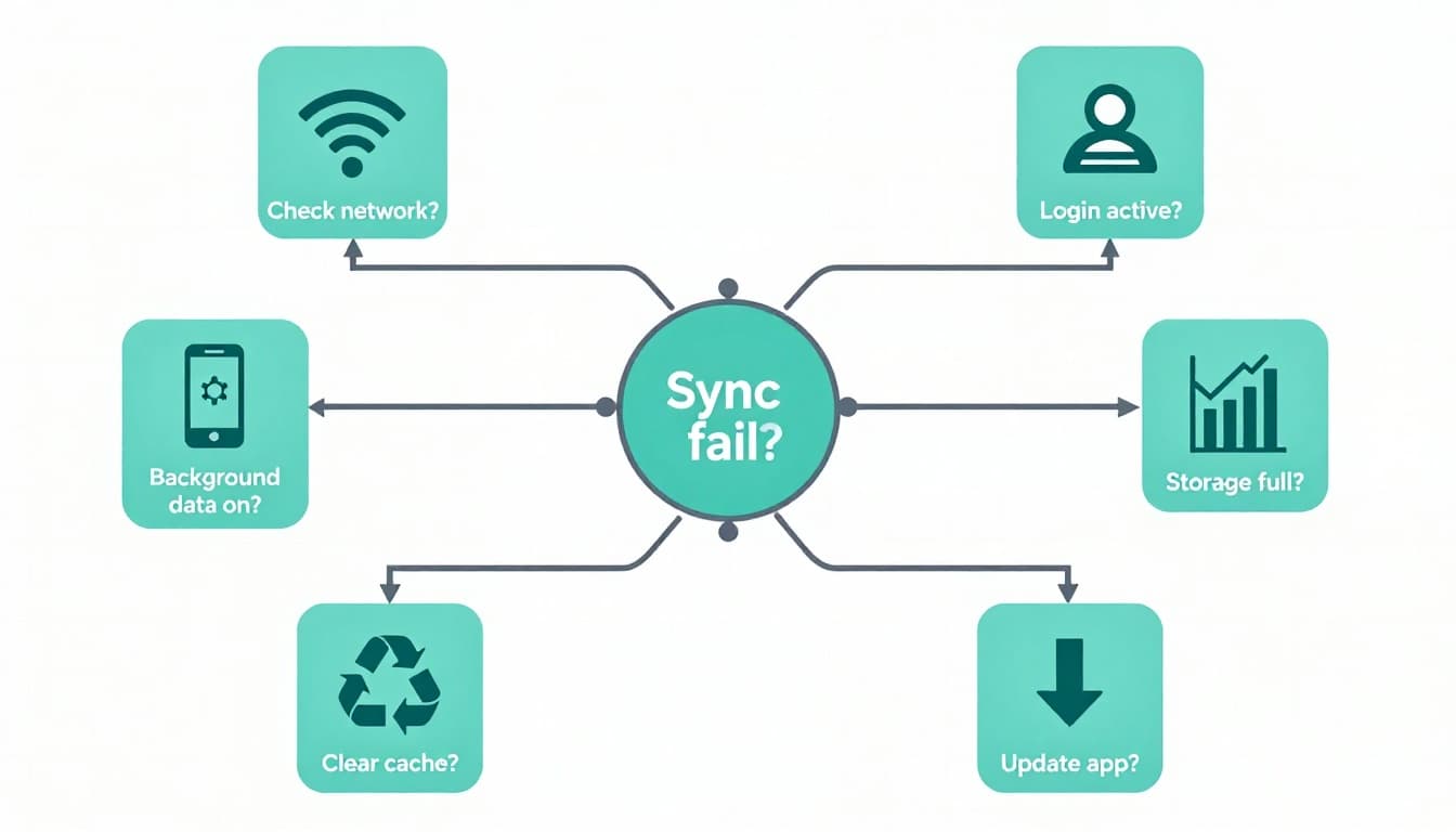 The 10-minute cross-device sync test for language apps (phone, tablet, web), spot missing progress and broken downloads 4 Clean flat-vector illustration of a troubleshooting decision tree for language app sync issues, with branches for network check, login status, background data, storage, cache clearing, and app updates using simple icons in teal gray colors.