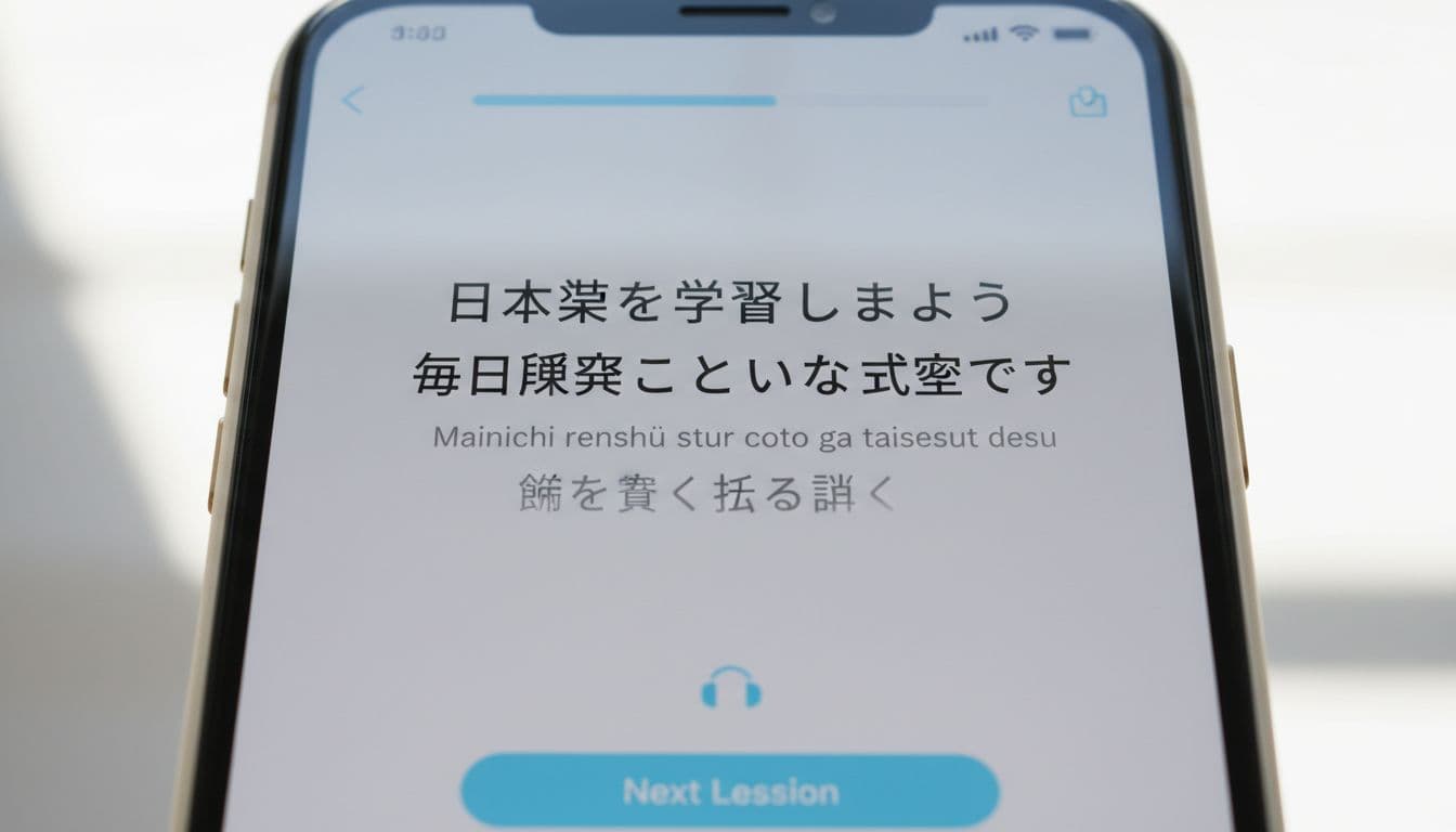 A close-up of a smartphone screen displaying a language learning app lesson with native script text like Japanese kanji or Arabic letters on top, and fading transliteration romanized text below it, in a simple app interface under bright natural daylight.