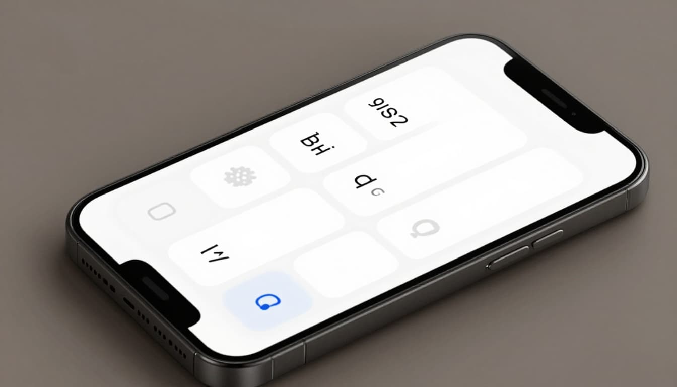 Smartphone screen close-up tilted slightly showing a multiple-choice vocabulary question in a language app, four option buttons with subtle icons or blurred shapes implying words, one option highlighted as selected, modern clean UI design, soft shadows, high-resolution realistic render, neutral background, no readable text or logos, exactly one device, no hands or people.