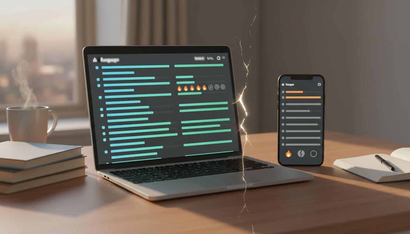 A 10-Minute Web And Mobile Parity Check For Language Apps 3 Split composition on a modern desk with soft evening light: laptop on left shows complete lesson progress bars and streak icons in a language app, smartphone on right displays partial progress and broken streak, divided by subtle crack line, realistic style with books and coffee, no text on screens, no people.