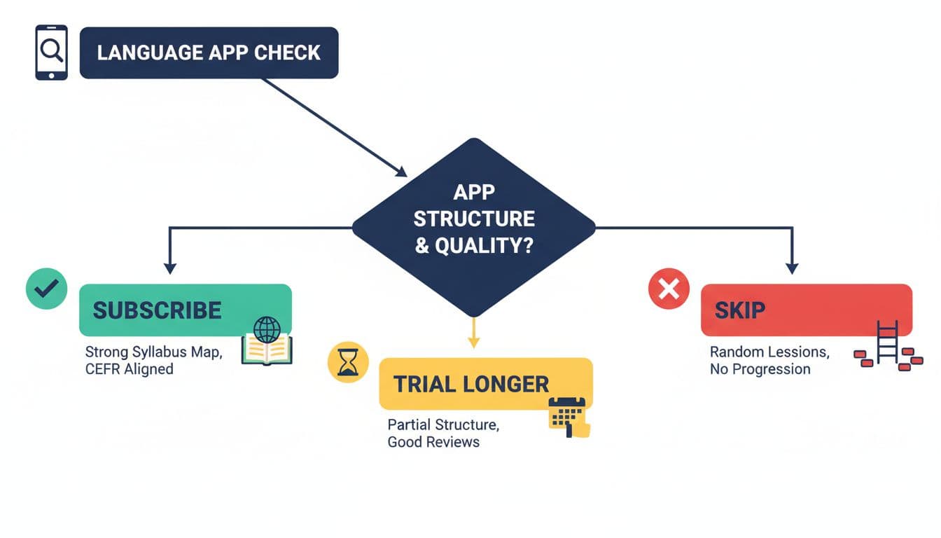 Infographic flowchart for deciding on language apps: Subscribe (CEFR-aligned syllabus), Trial Longer (partial structure), or Skip (no progression), with color-coded paths and icons on white background.