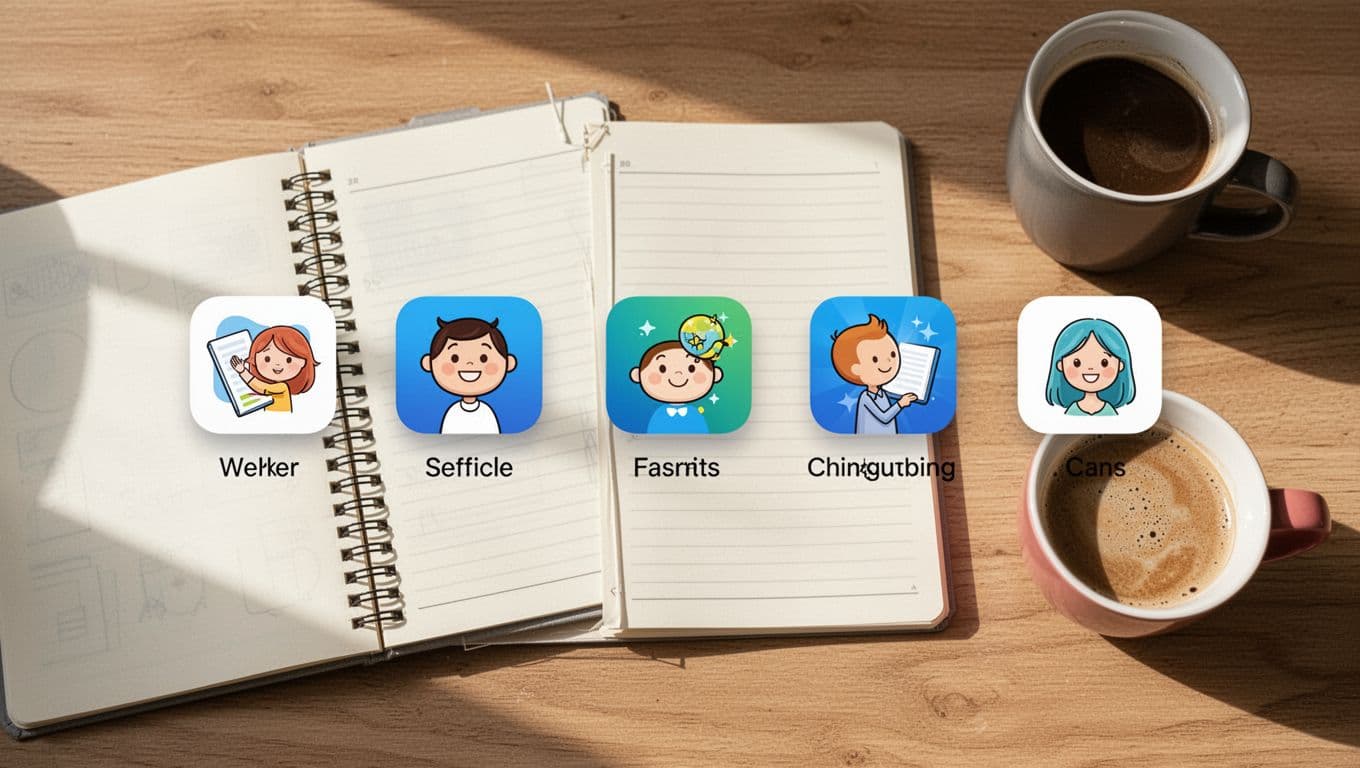 Top-down view of a side-by-side comparison chart on a wooden desk showing simple icons for language apps like Mango, Duolingo, and Babbel, with a notebook and coffee mug, in a clean modern style under bright natural light.