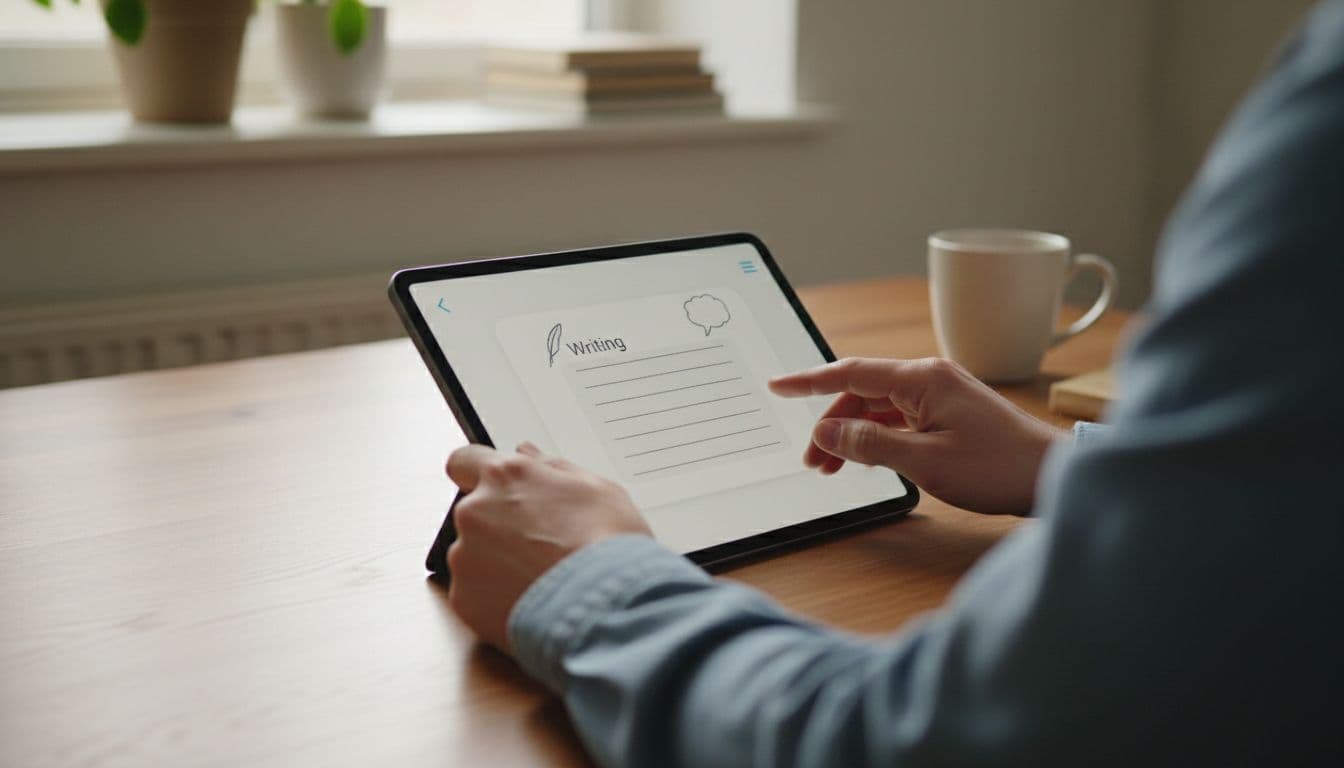 A focused language learner sits at a desk in a cozy home office during daytime, with a tablet displaying a writing prompt screen and hands resting nearby in close-up composition. Realistic style with soft natural light, exactly one person.