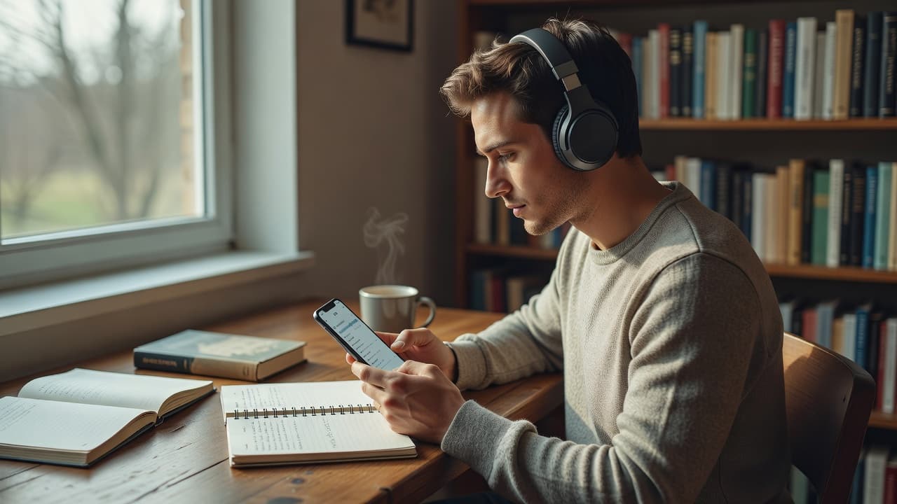A person with headphones at a desk using a phone language app.