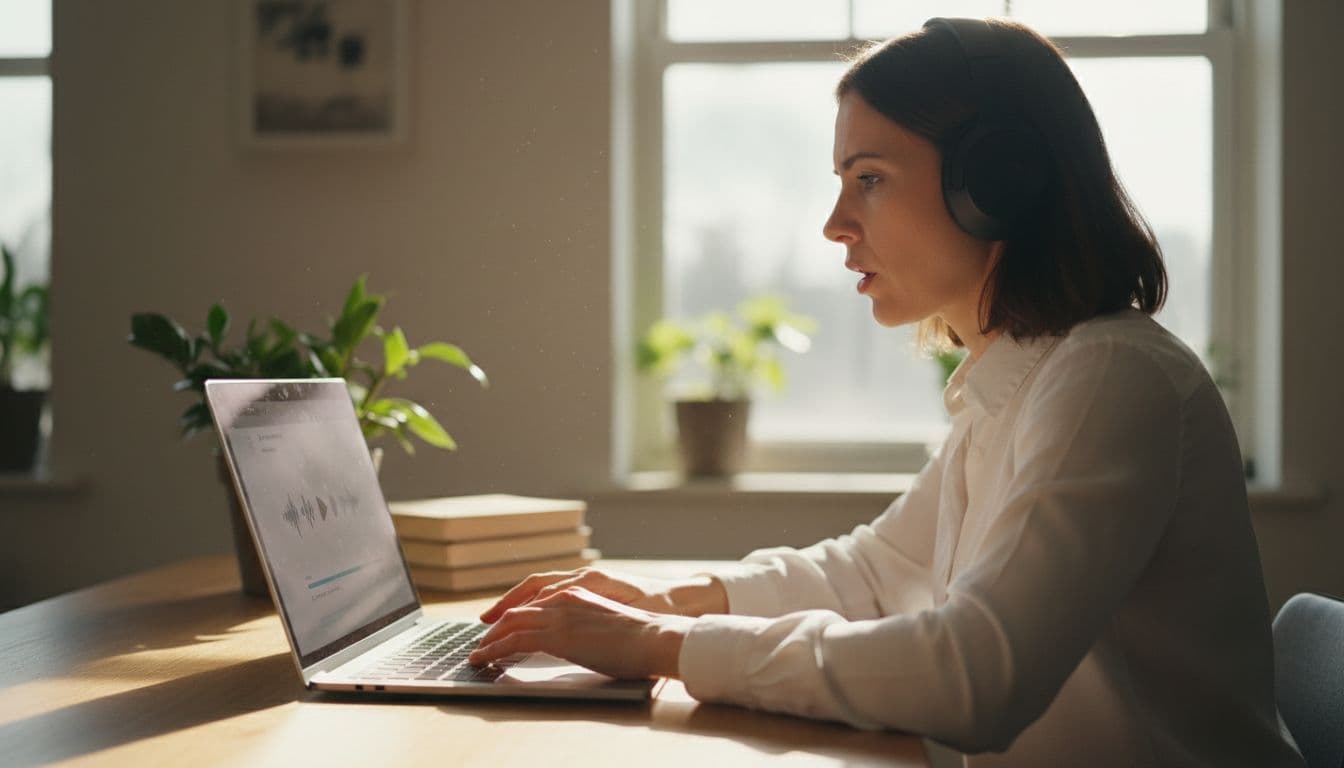 Adult language learner with wireless headphones sits at wooden desk in bright home office, mouth open repeating from laptop screen.