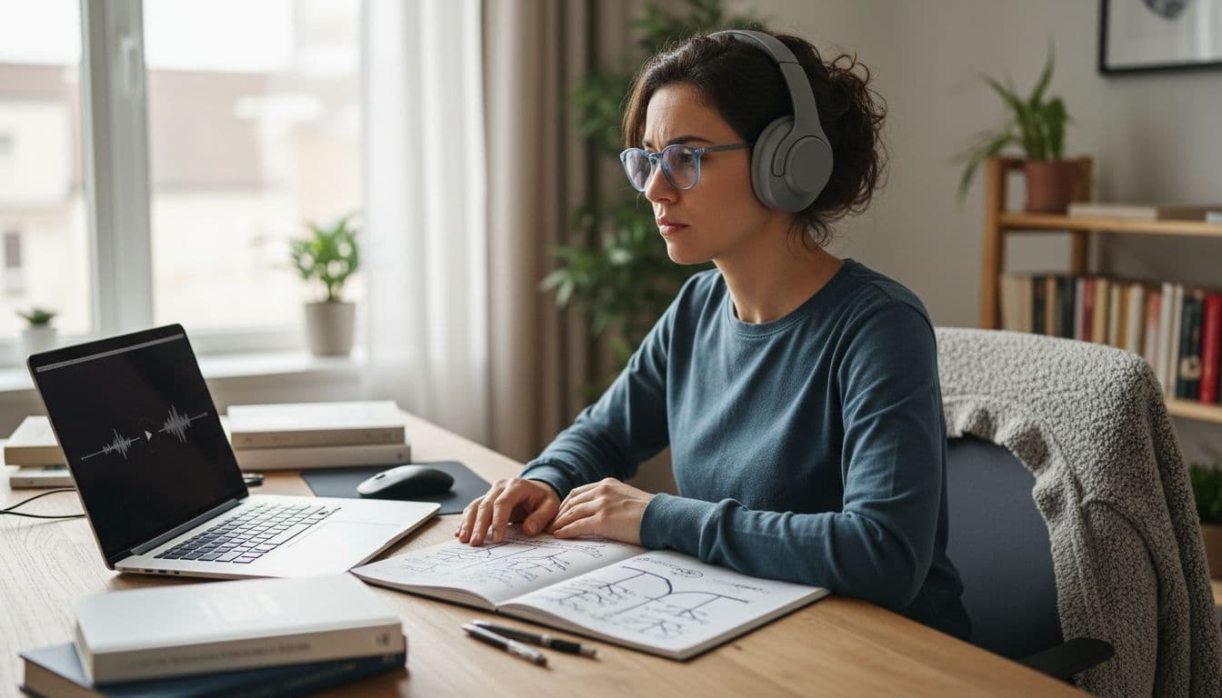 Intermediate learner at desk with notebook open to grammar tree sketches, headphones on, pausing laptop audio in cozy home office.