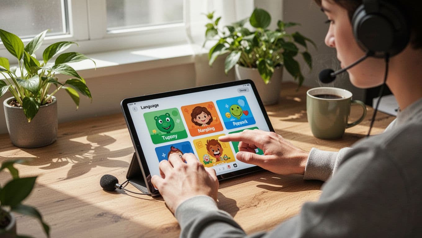 A single language learner sits at a wooden desk in a bright home office, using a tablet displaying screens for vocabulary flashcards, grammar building, listening exercises with headphones, and pronunciation practice. Close-up on the tablet and relaxed hands in a cozy setting with plants and coffee mug.