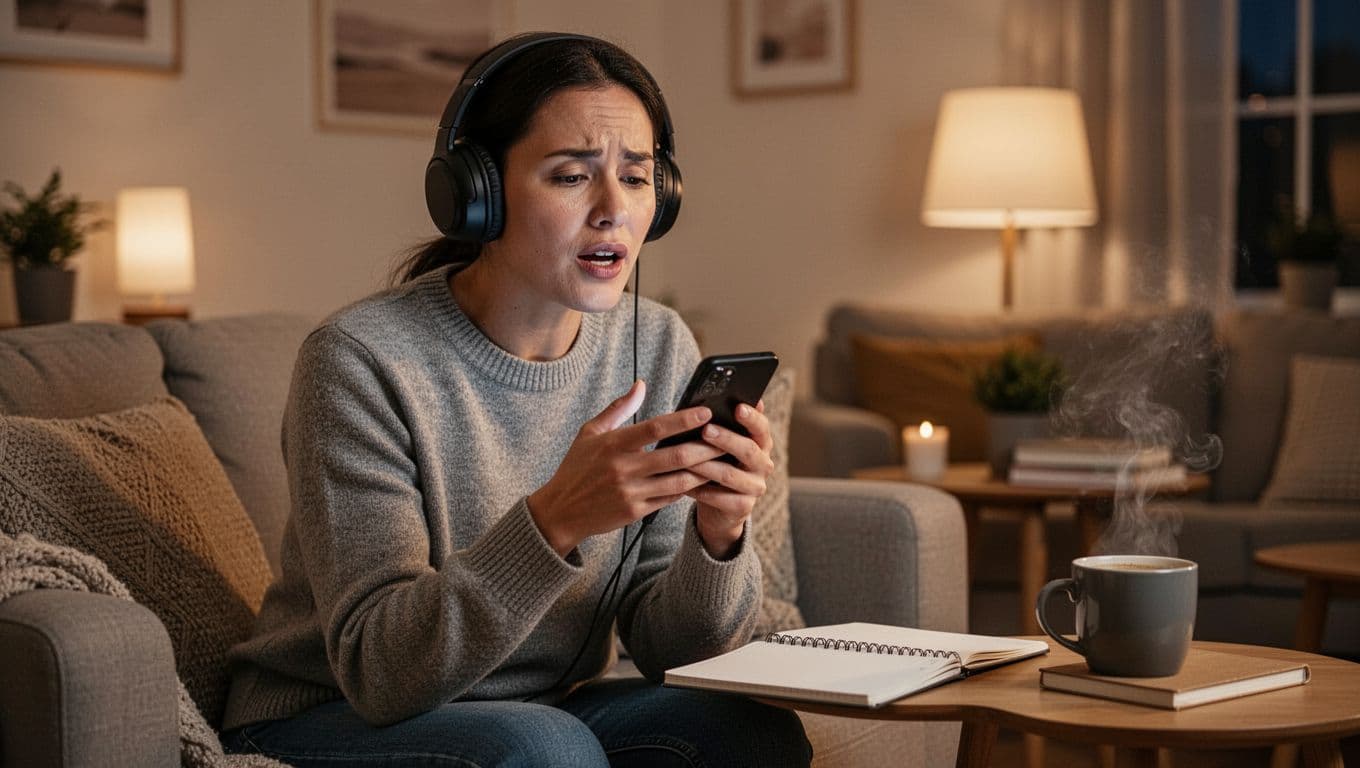 Fluent Forever Review for Serious Learners in 2026 3 Adult wearing headphones speaks into smartphone microphone in cozy living room with notebook and coffee mug.