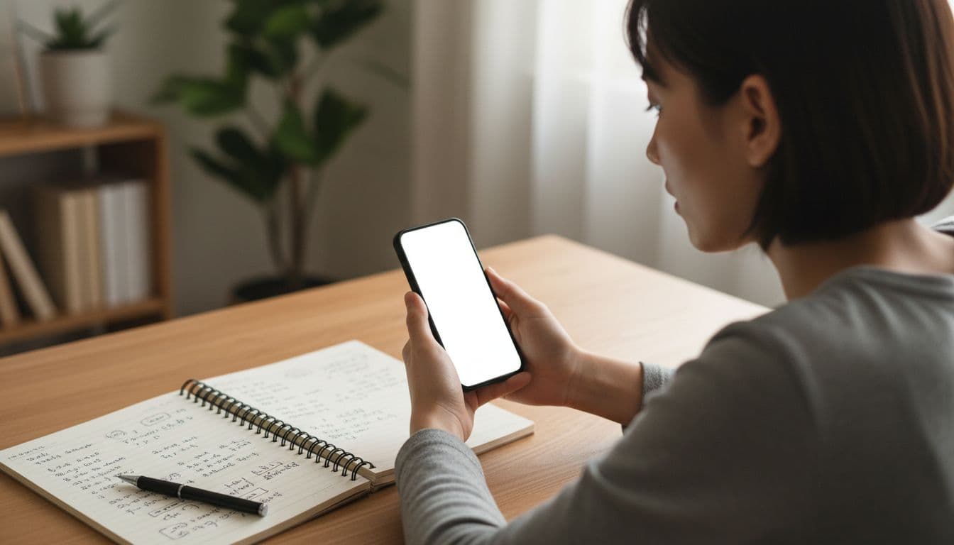 A focused language learner sits at a desk with a smartphone displaying a blank flashcard screen for a recall test, notebook with handwritten words nearby, natural indoor lighting, simple centered composition.