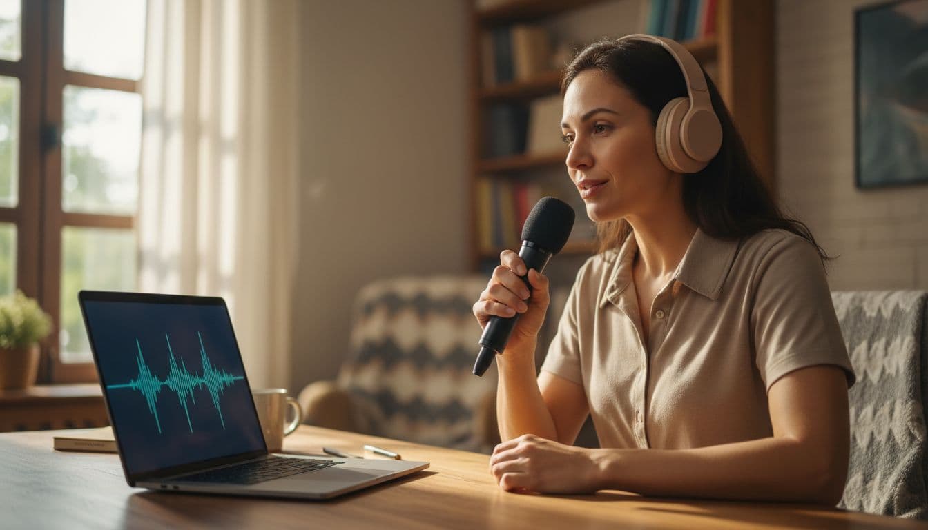 Focused adult language learner speaks into smartphone mic wearing headphones, laptop with blurred audio waveform nearby in cozy study.