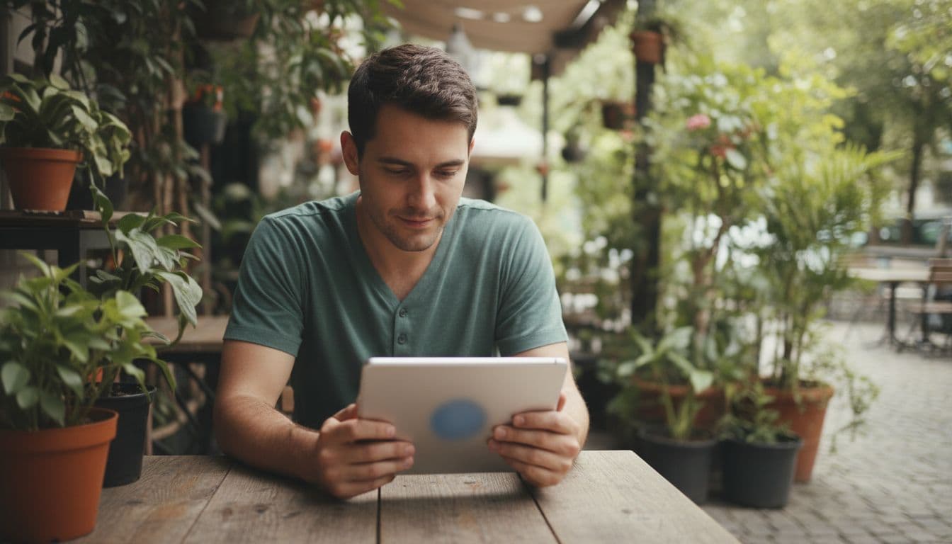 The 15-Minute Language App Flexibility Test for Real Conversations 2 A person sits relaxed at an outdoor cafe table using a tablet for language practice, focused on the blurred screen with hands naturally resting, surrounded by plants in soft natural light.