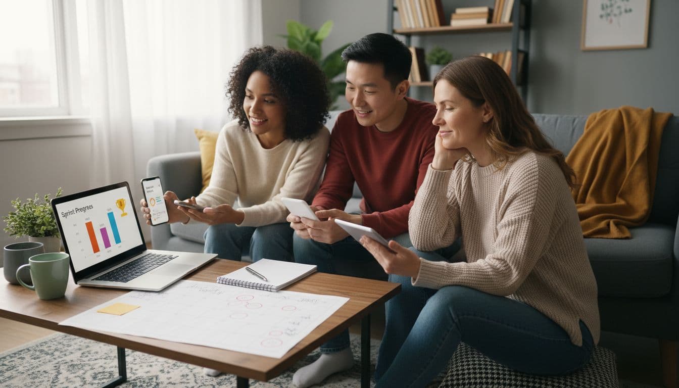 Lingoda Review 2026: Are Live Classes Worth It? 3 Three diverse people review Sprint progress on phone and laptop in home with calendar and notebook nearby.
