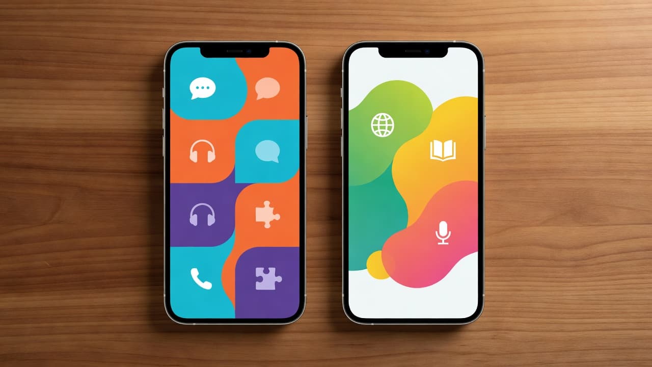 Babbel vs Mango Languages in 2026: Which App Fits You? 2 Two smartphones rest on a light wood surface, showcasing vibrant abstract app screens featuring intuitive icons and geometric shapes. Warm ambient light illuminates the clean desk setup from above.