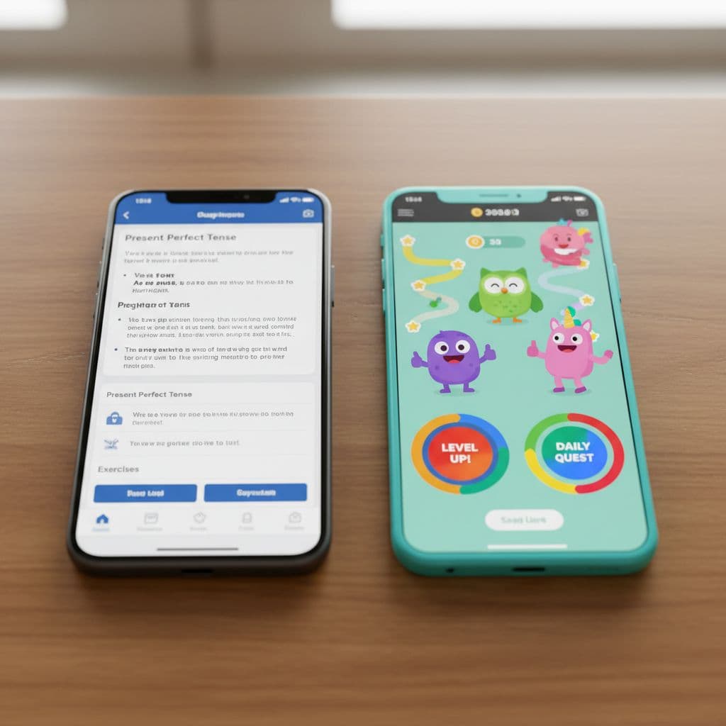 Busuu vs Duolingo in 2026: Which Is Better for Serious Learners? 2 Two smartphones display contrasting language learning interfaces, one structured and one gamified.