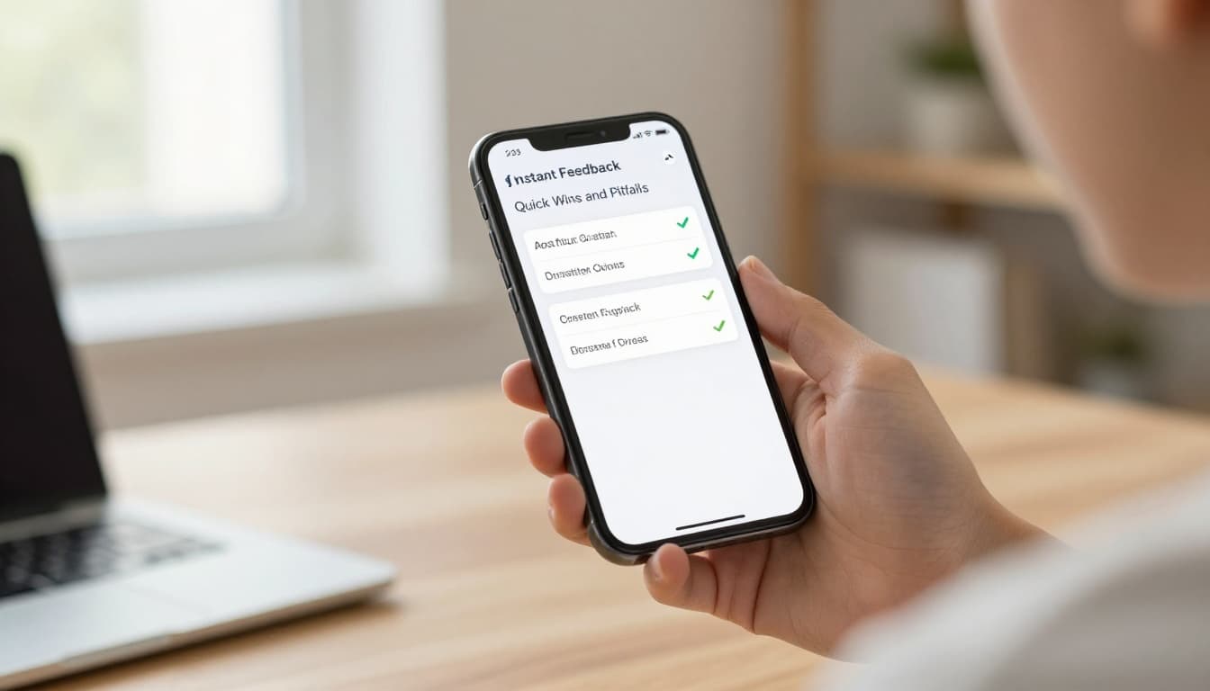 The 10-Minute Feedback Timing Check for Language Apps 2 One person speaks a pronunciation exercise into a smartphone microphone held at chest level in a cozy home office, with the language learning app screen displaying immediate non-text feedback like a score or checkmark.