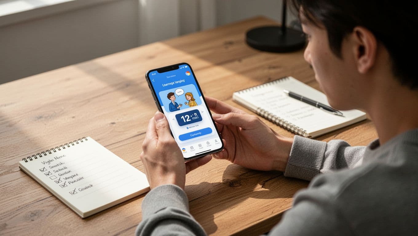 A focused person sits at a desk using a smartphone open to a language learning app showing a conversation scenario with a 12-minute timer, and a nearby notebook with checklist, visualizing the 15-minute testing process.