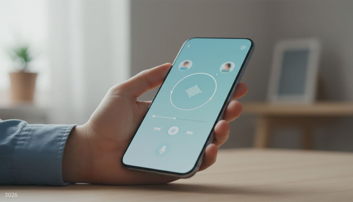 Smartphone displaying language learning app held in relaxed hand on simple table.