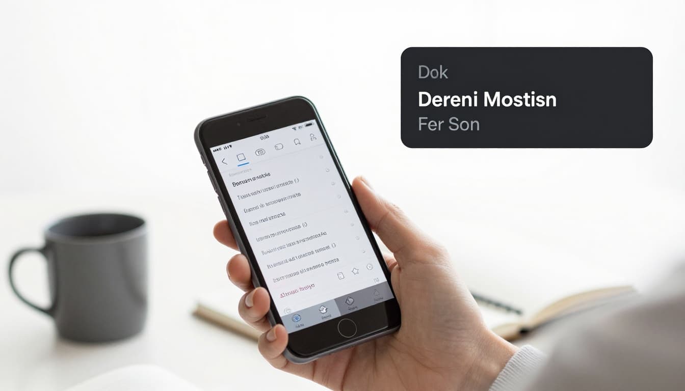 A person holds a smartphone displaying a language learning app during a concentrated study session at a quiet home desk with coffee and notebook, interrupted by a subtle notification banner ad. Flat design style with high contrast and accessible colors on a dominant white background.
