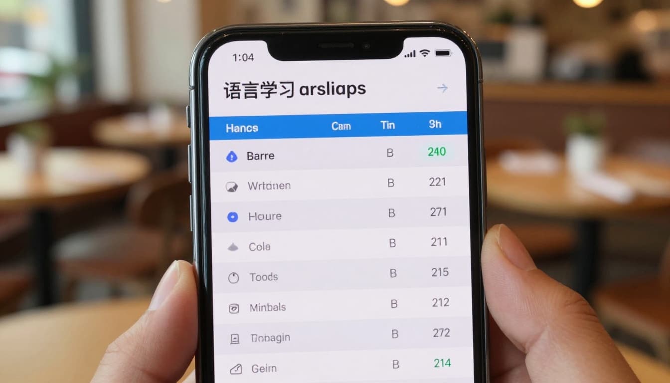 Close-up of a smartphone screen showing a comparison table of language learning apps with columns for features, pricing, and ratings using icons and bars, held in hand against a blurred cafe background with natural lighting.