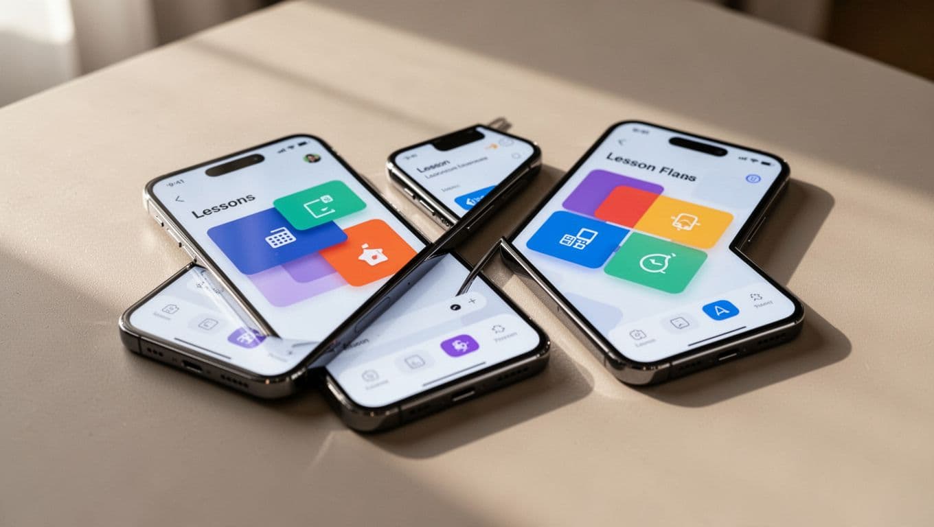 Two smartphones placed at an angle on a table show side-by-side abstract interfaces of language learning apps, featuring neutral backgrounds, clean modern style, high detail, and no visible text, logos, hands, or people.
