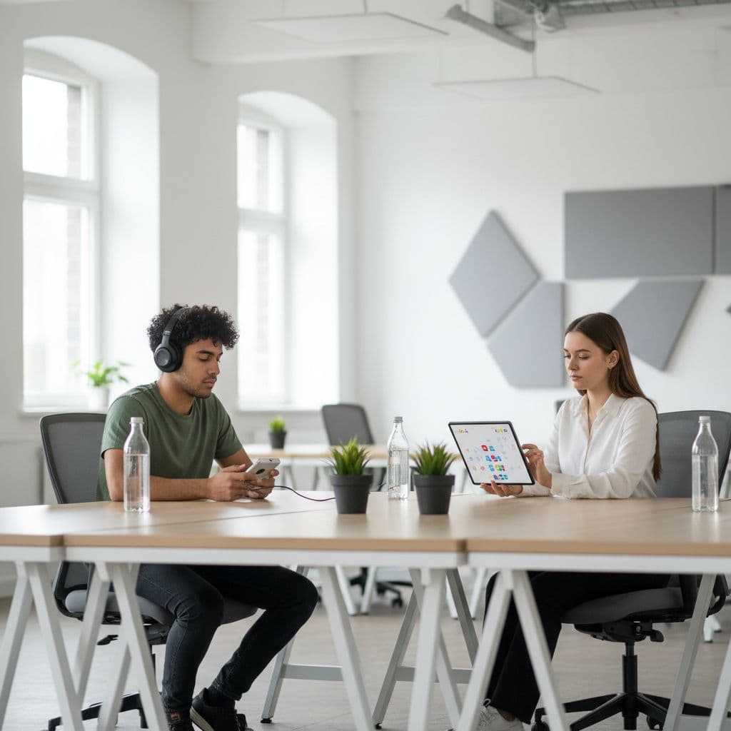 Pimsleur vs Rocket Languages in 2026: Which Helps You Speak Faster? 2 Two people sit at a modern desk using audio headphones and a tablet for language study.