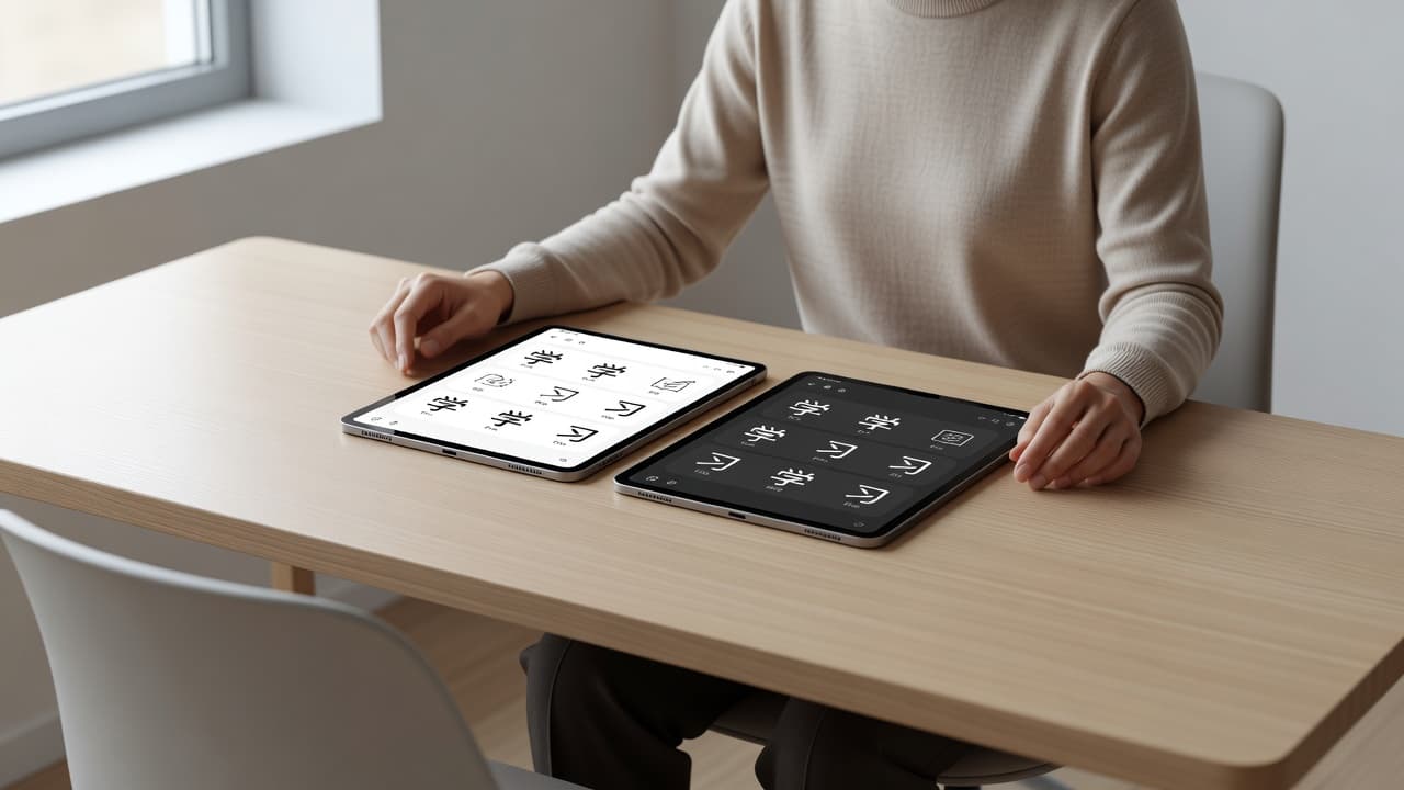 Two glowing tablets with Chinese characters on a clean desk by a window.