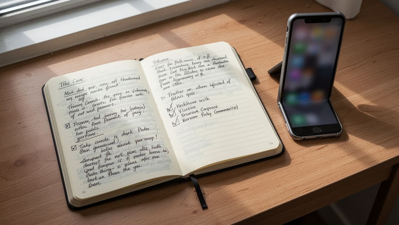 Clean overhead view of a notebook featuring handwritten language notes and a halfway-marked progress checklist, with a smartphone propped open showing a blurred app screen, on a wooden desk under soft natural light.