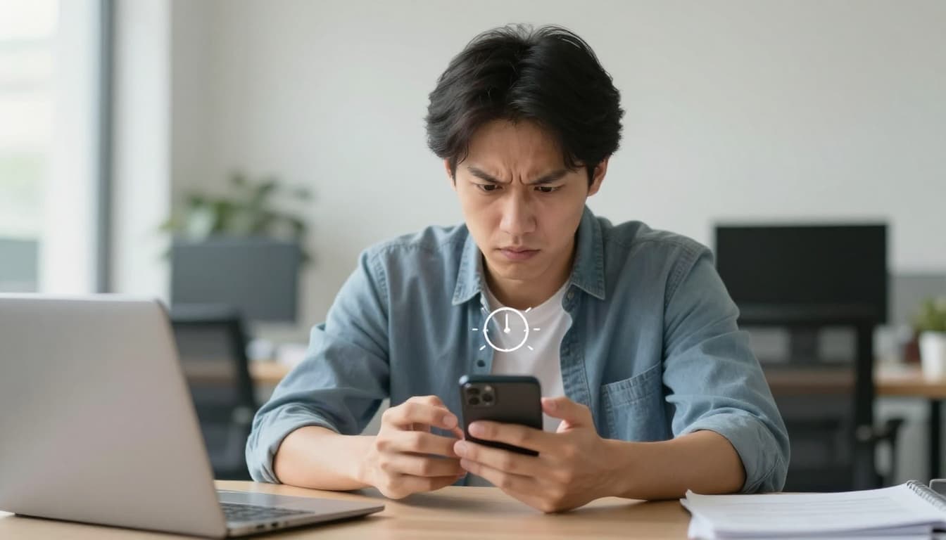 A determined yet frustrated person on an office break holds a phone for a language lesson, with a floating timer icon indicating over 10 minutes elapsed, against a blurred modern office background in photorealistic style with natural lighting.