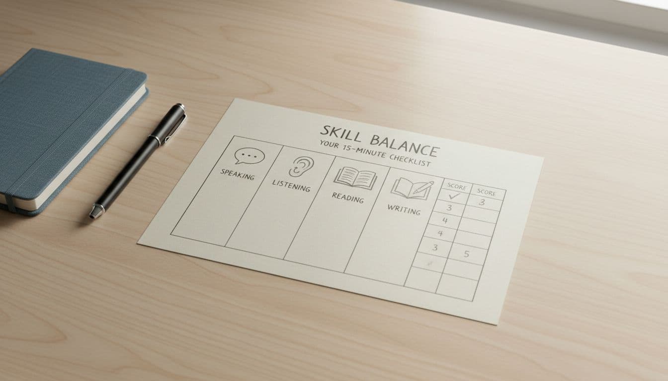 A clean wooden desk surface holds a simple paper scorecard for language skills like speaking, listening, reading, and writing with columns for checkmarks and scores, accompanied by a notebook and pen under bright natural window light.
