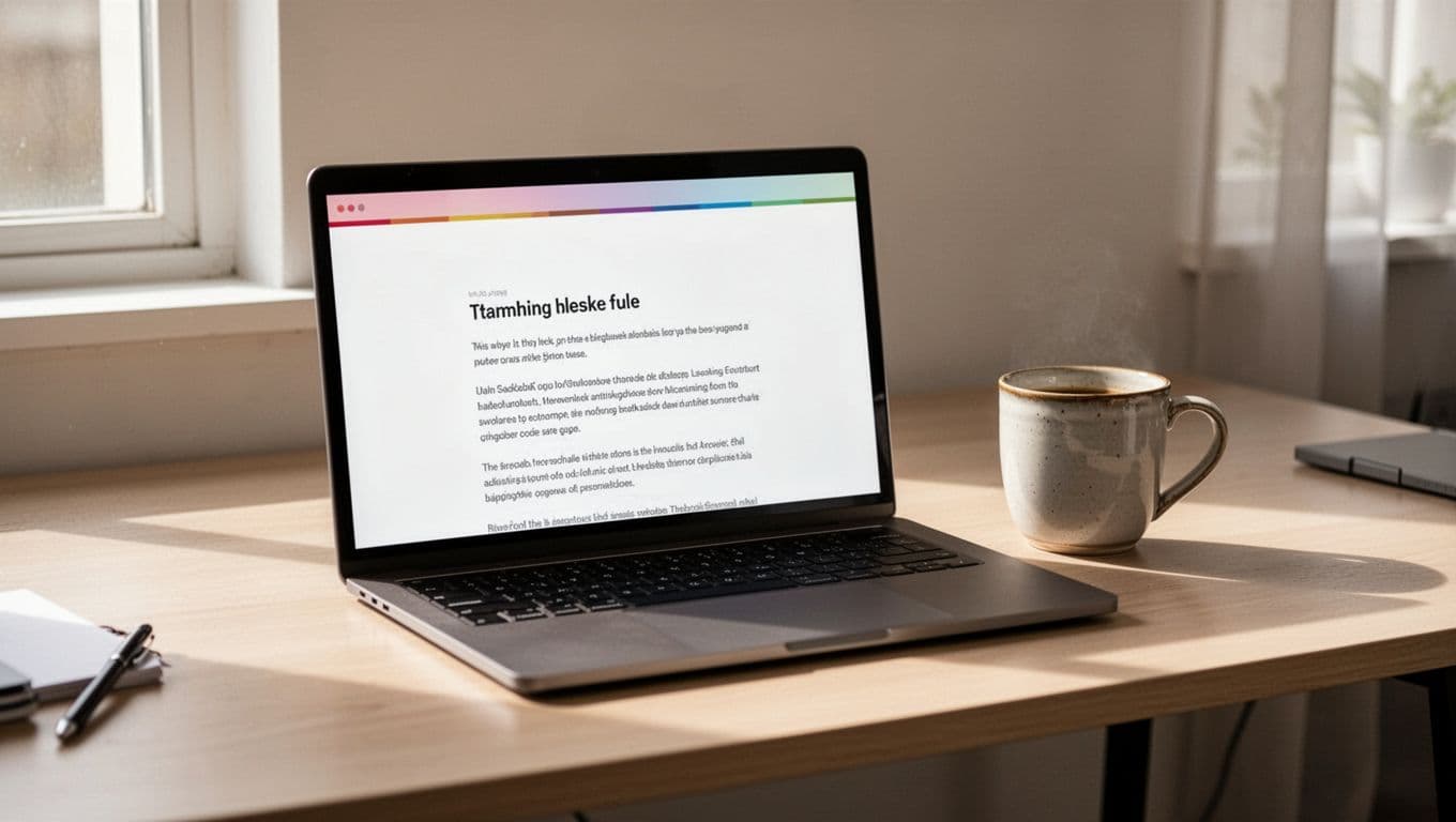 A clean laptop screen displays a product review blog post featuring a clear affiliate disclosure notice at the top, set on a cozy home office desk with a nearby coffee mug under natural daylight.
