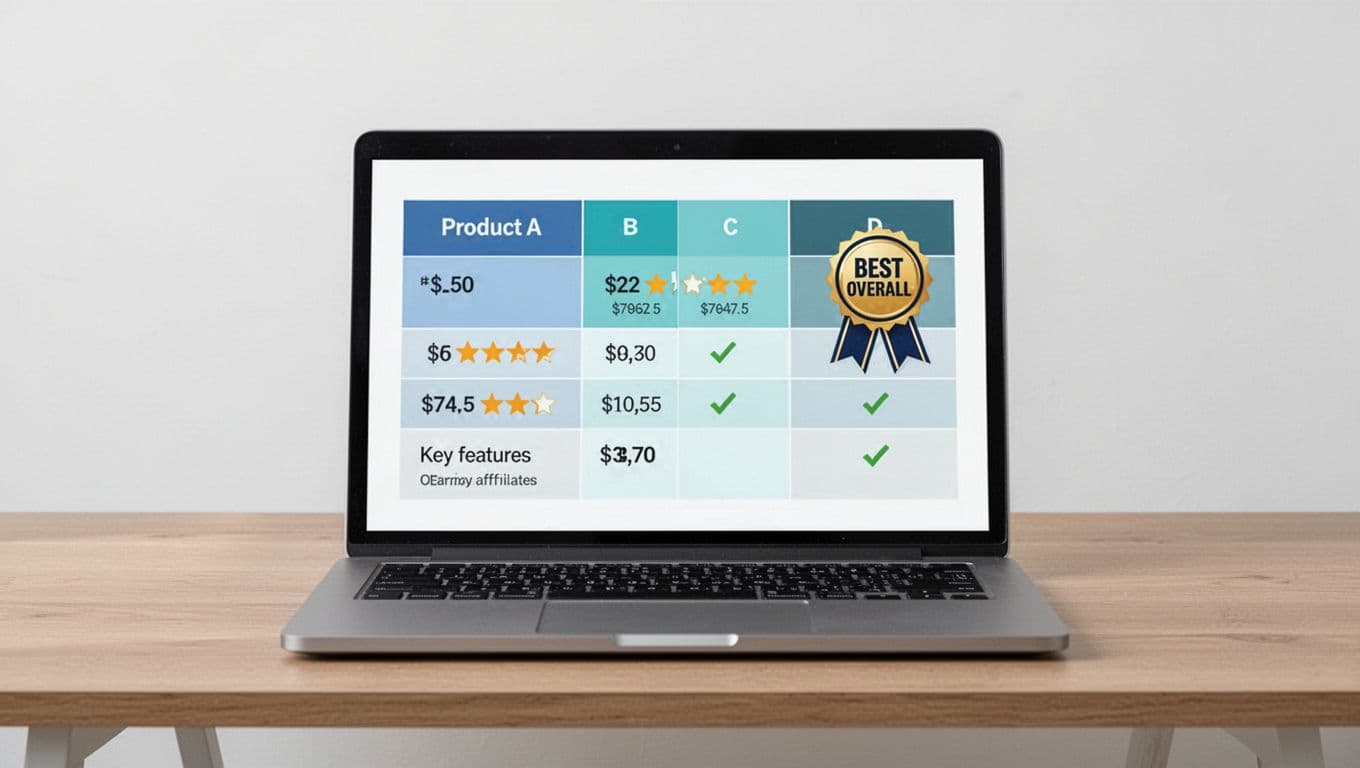 Clean modern flat vector illustration of an open laptop on a wooden desk displaying an affiliate comparison table for Products A, B, C, D, featuring prices, star ratings, key features, and a Best Overall badge in neutral blues, teals, and grays.