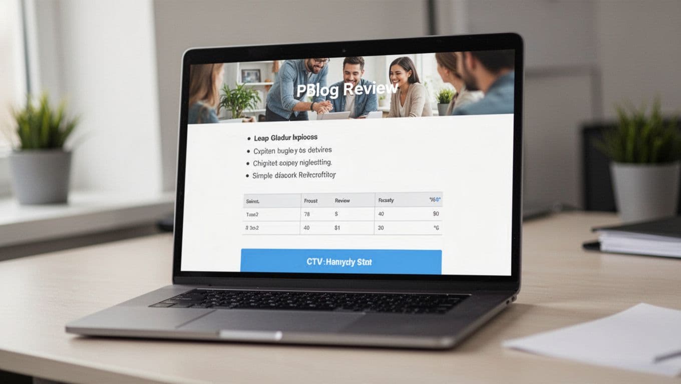 Realistic laptop screen at a slight angle on a desk displaying a modern clean blog review page mockup with header image, bullet list, simple table, and CTA section. Soft lighting, no readable text, blurred layout focus, landscape ratio, no people or watermarks.