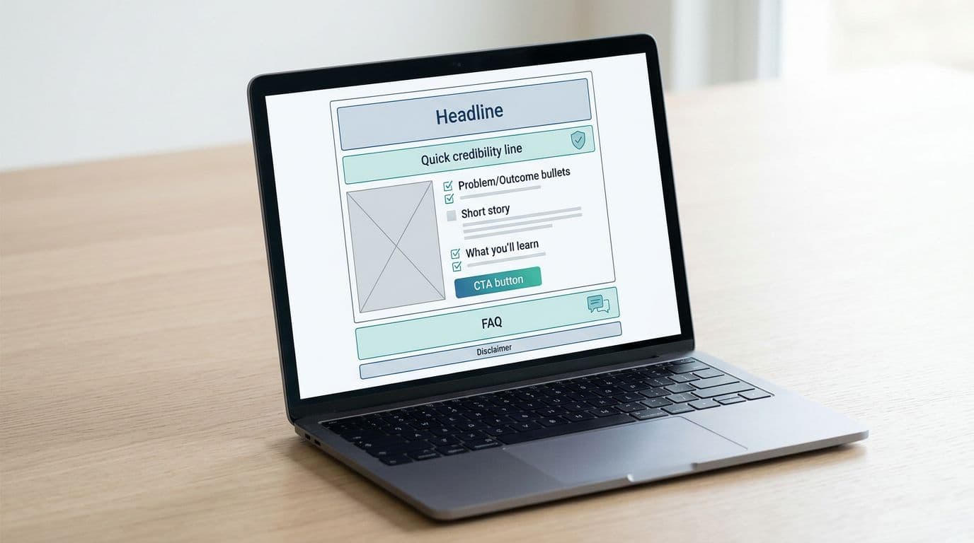 A laptop screen displays a simple bridge page layout wireframe featuring sections like headline, credibility line, problem bullets, short story, what you'll learn, CTA button, FAQ, and disclaimer, with icons such as shield, checklist, and chat bubble. Designed in minimal flat vector style with subtle gradients, high contrast, white space, and neutral blue-teal-gray colors for a professional marketing aesthetic.