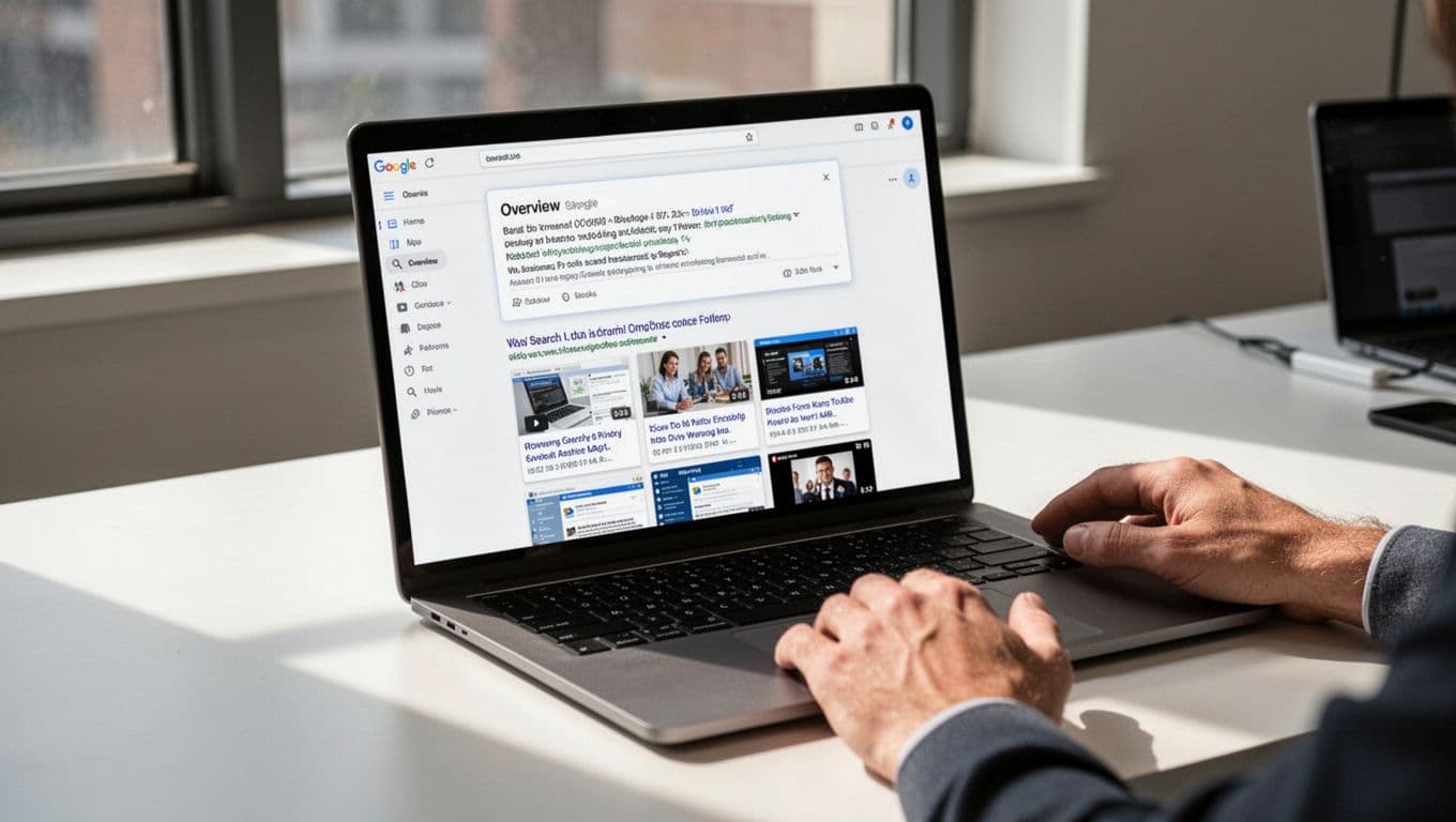 Photorealistic image of a laptop on an office desk displaying a Google search results page for 'best affiliate software reviews' with a prominent AI overview box at the top, surrounded by review sites, forums, and videos; natural window light, hands resting on desk, no faces visible.