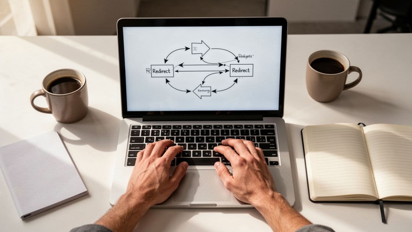 Top-down realistic photo of a laptop screen showing browser developer tools with a redirect chain diagram, hands on keyboard, coffee mug and notebook on a clean office desk under natural daylight.
