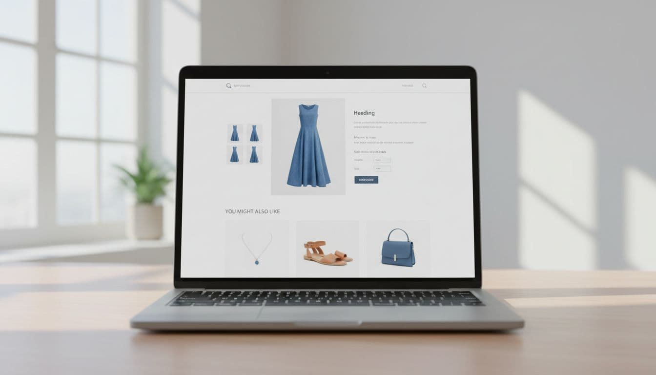 Clean laptop screen displaying an e-commerce product detail page for women's apparel like a blue dress, with a product recommendation widget below the main product images and description showing three complementary items, in a modern minimalist UI.